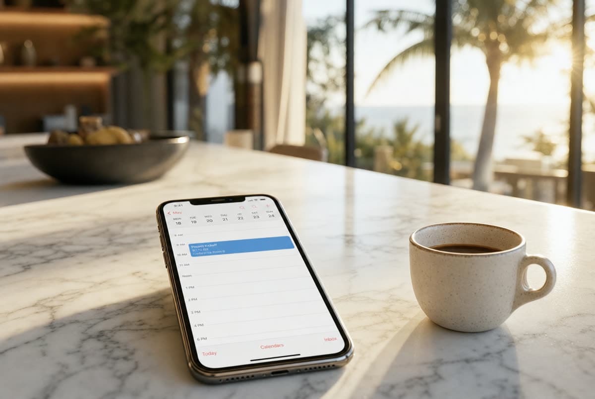Phone showing a booked morning appointment on a kitchen counter